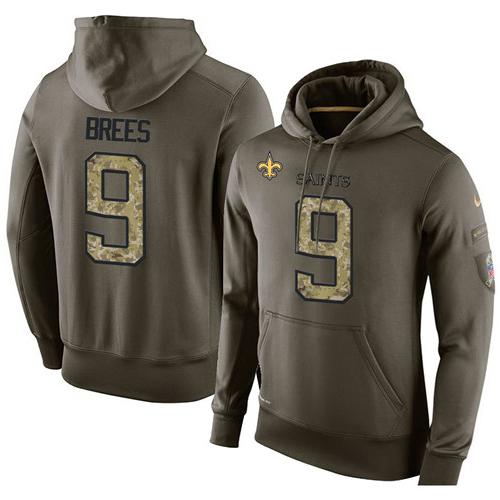 NFL Men's Nike New Orleans Saints #9 Drew Brees Stitched Green Olive Salute To Service KO Performance Hoodie
